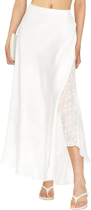 Womens Satin Skirts for Women Elegant A-line Cocktail Long Skirt High Waist Side Split Splicing Lace Midi Skirt