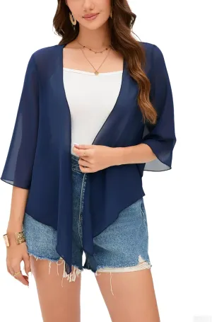 Womens Sheer Shrug Tie Front 3/4 Bell Sleeve Crop Cardigan for Dress Lightweight Summer Chiffon Cover Up