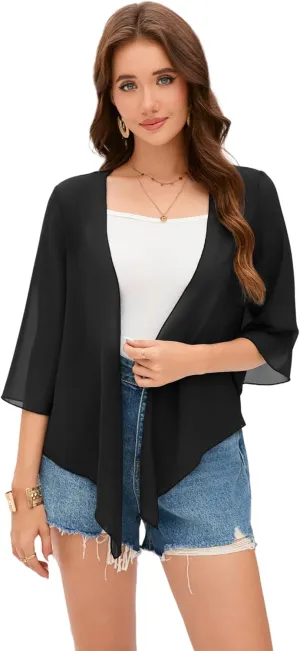 Womens Sheer Shrug Tie Front 3/4 Bell Sleeve Crop Cardigan for Dress Lightweight Summer Chiffon Cover Up
