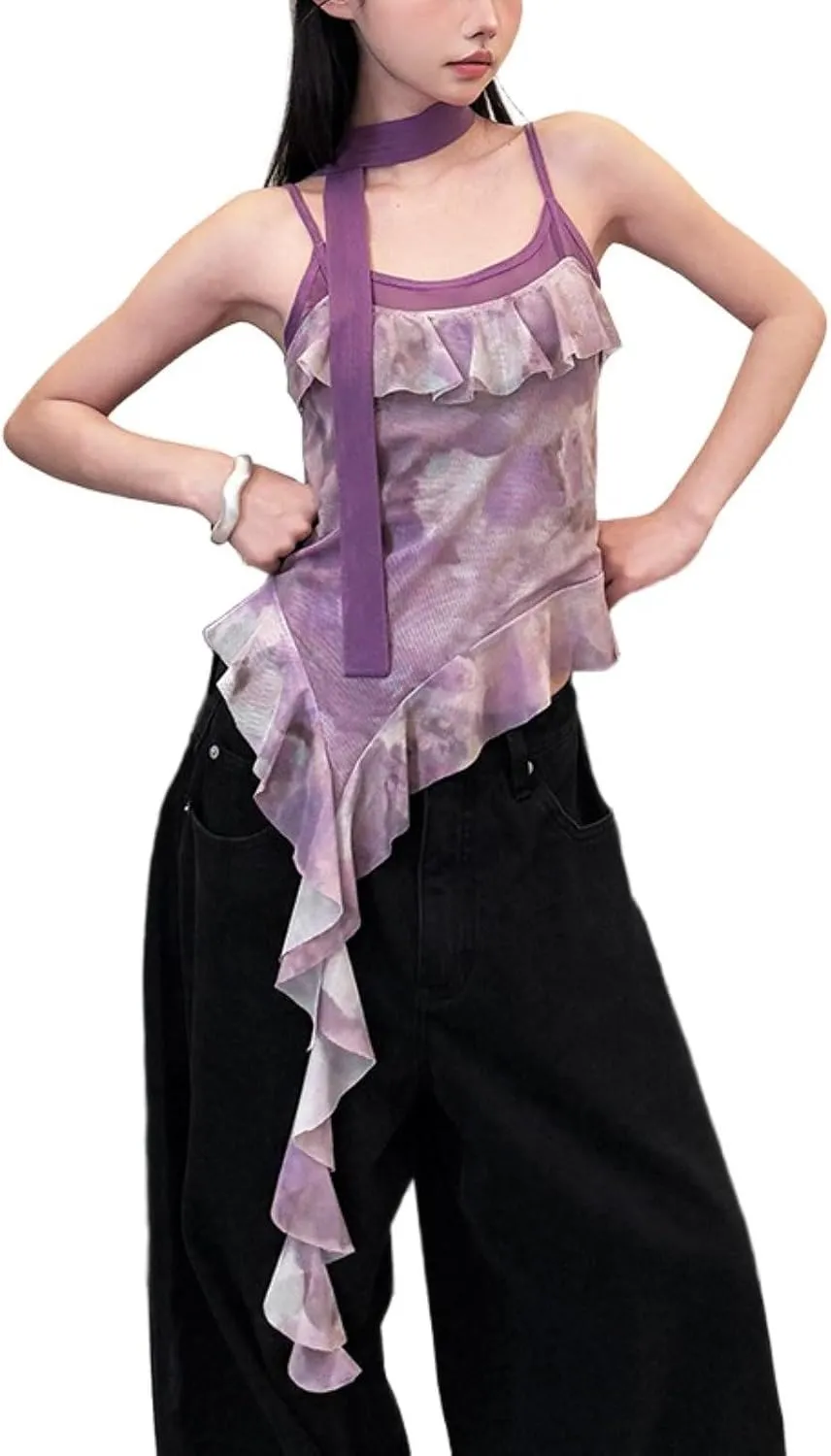 Women's Sleeveless Printed Bodycon Camisoles Crew Neck Ruffle Tank Tops with Ribbon