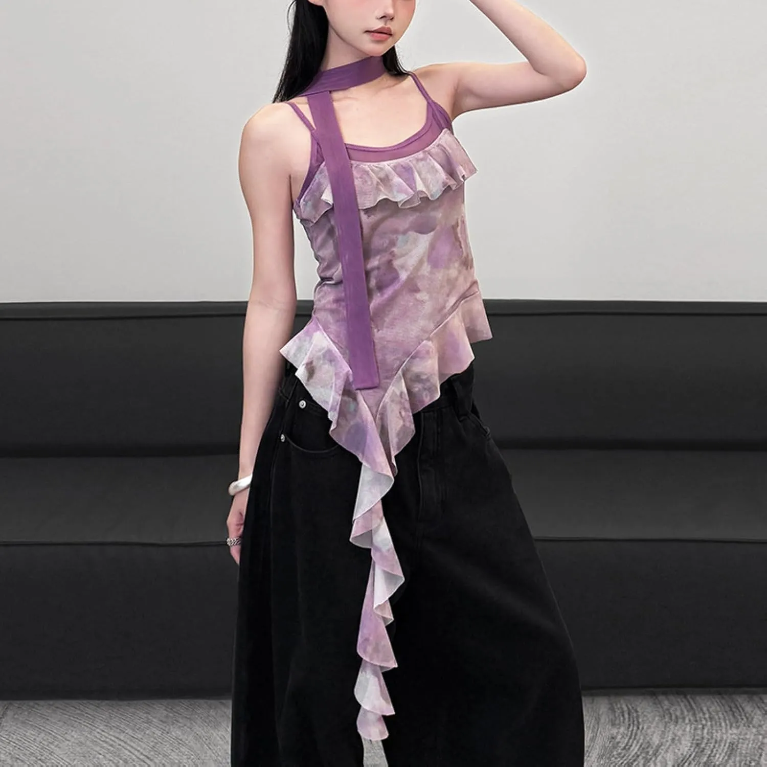 Women's Sleeveless Printed Bodycon Camisoles Crew Neck Ruffle Tank Tops with Ribbon
