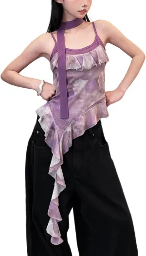 Women's Sleeveless Printed Bodycon Camisoles Crew Neck Ruffle Tank Tops with Ribbon