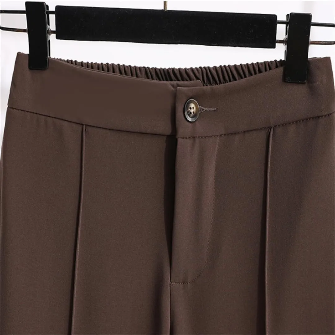 Women's Solid Color Slit Trousers High Waist Wide Leg Pants Loose Elastic High Waist Suit Pants