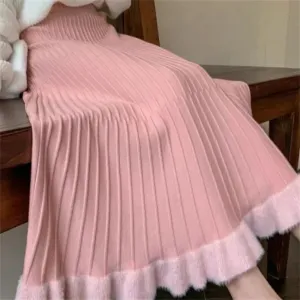 Women's Solid Elastic High Waist Pleated Patchwork Midi A-Line Knitted Skirt Bodycon Wrap Hip Weekend Skirts