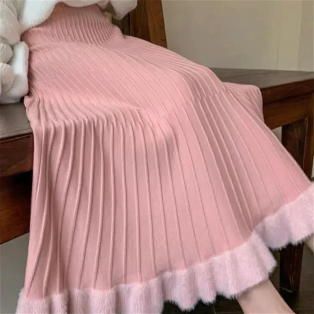 Women's Solid Elastic High Waist Pleated Patchwork Midi A-Line Knitted Skirt Bodycon Wrap Hip Weekend Skirts