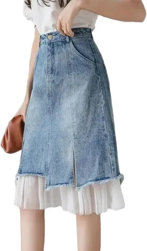 Women's Split Denim Skirt Summer High-Waisted Slimming Mesh Patchwork Irregular A-Line Skirt