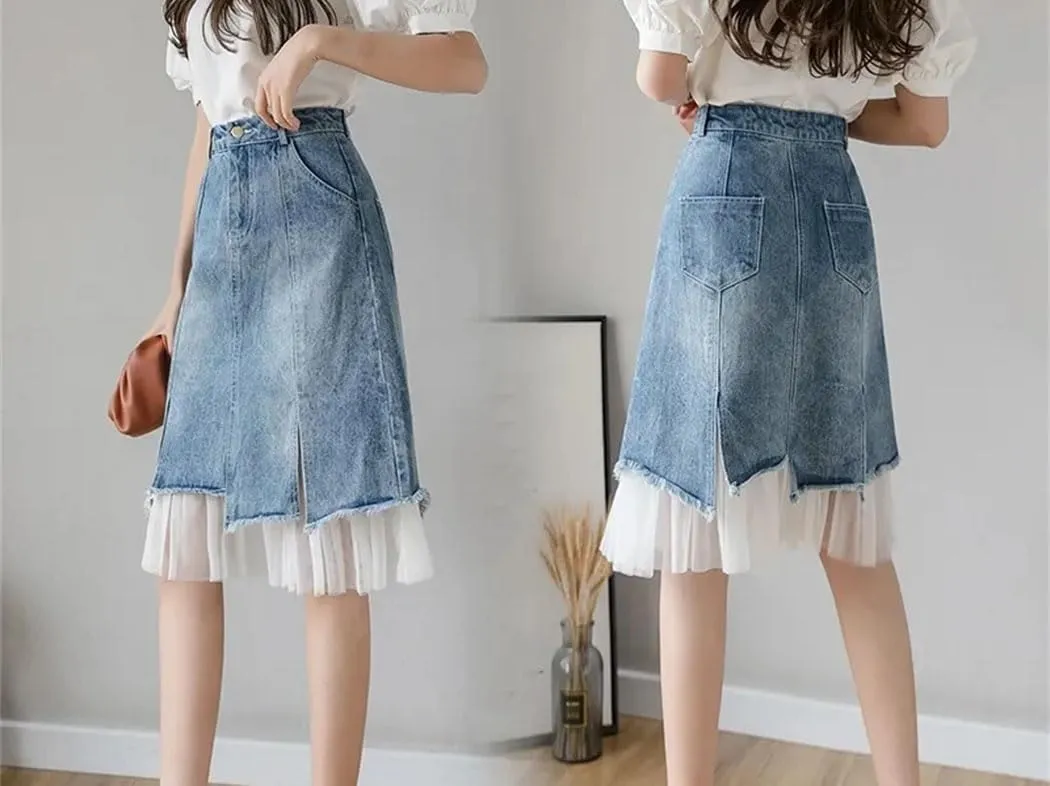 Women's Split Denim Skirt Summer High-Waisted Slimming Mesh Patchwork Irregular A-Line Skirt