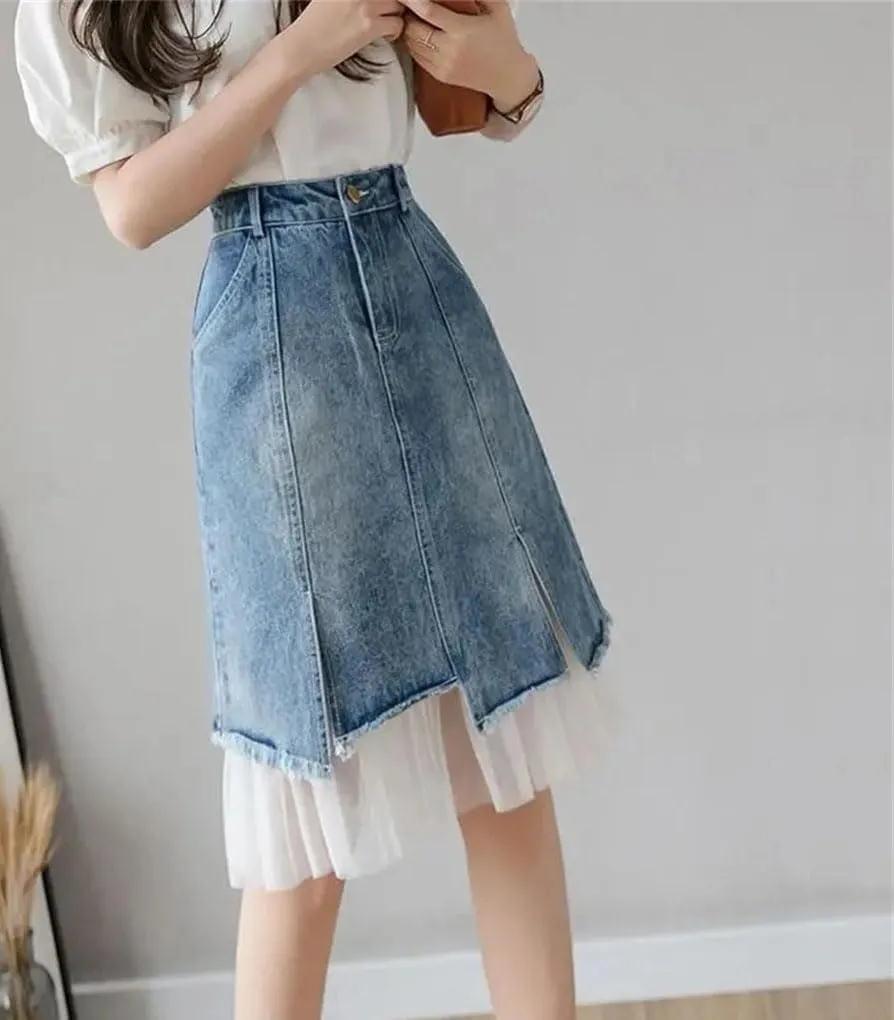 Women's Split Denim Skirt Summer High-Waisted Slimming Mesh Patchwork Irregular A-Line Skirt