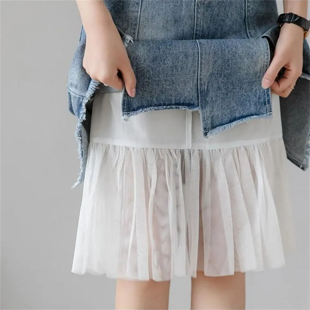 Women's Split Denim Skirt Summer High-Waisted Slimming Mesh Patchwork Irregular A-Line Skirt