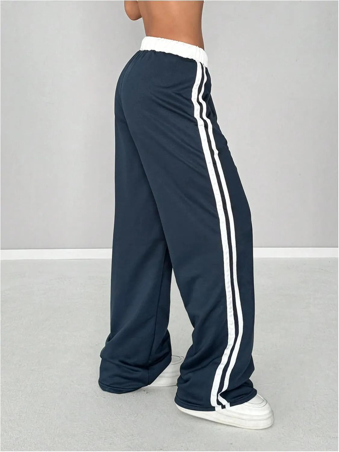 Women's Striped Side Baggy Sweatpants Drop Waist Wide Leg Drawstring Jogger Pants