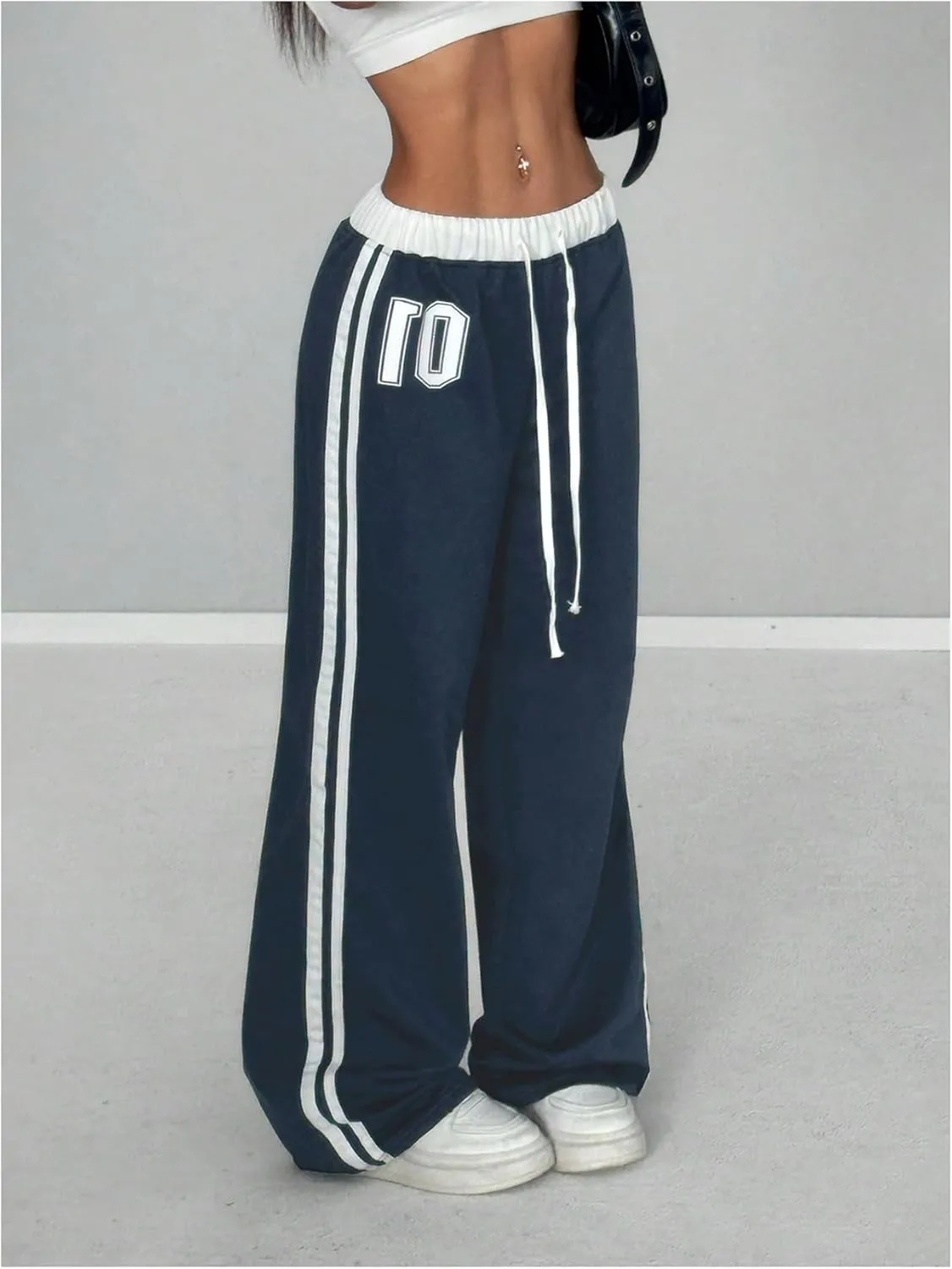 Women's Striped Side Baggy Sweatpants Drop Waist Wide Leg Drawstring Jogger Pants