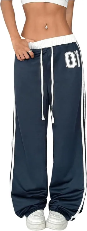 Women's Striped Side Baggy Sweatpants Drop Waist Wide Leg Drawstring Jogger Pants