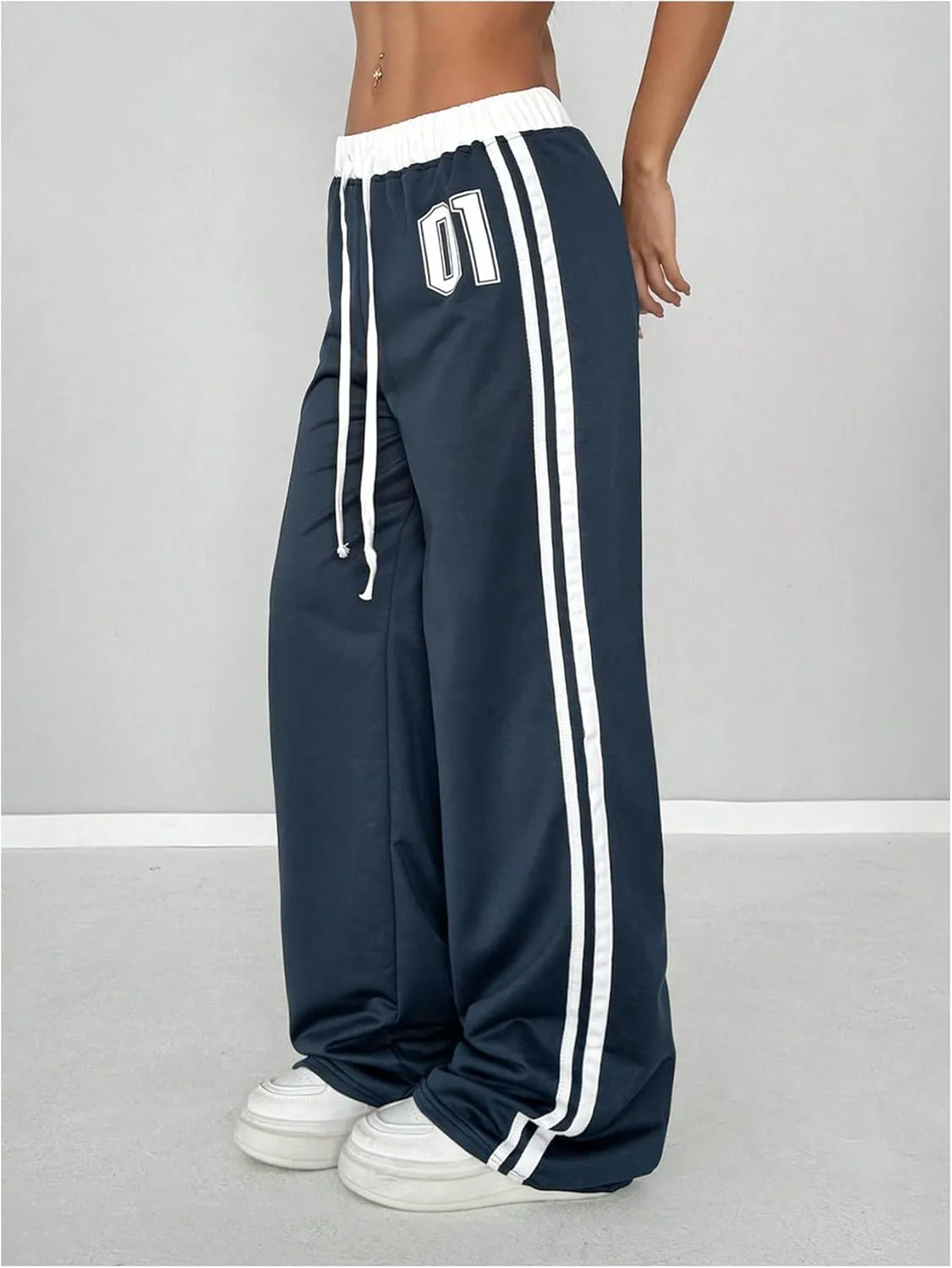 Women's Striped Side Baggy Sweatpants Drop Waist Wide Leg Drawstring Jogger Pants
