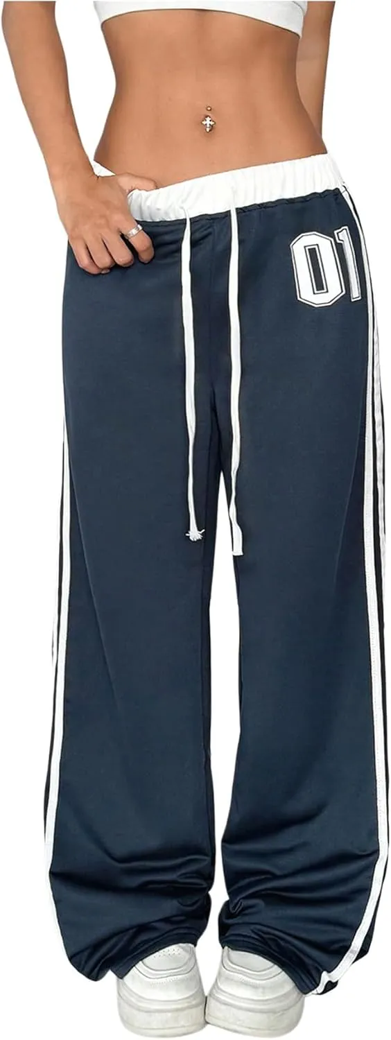 Women's Striped Side Baggy Sweatpants Drop Waist Wide Leg Drawstring Jogger Pants