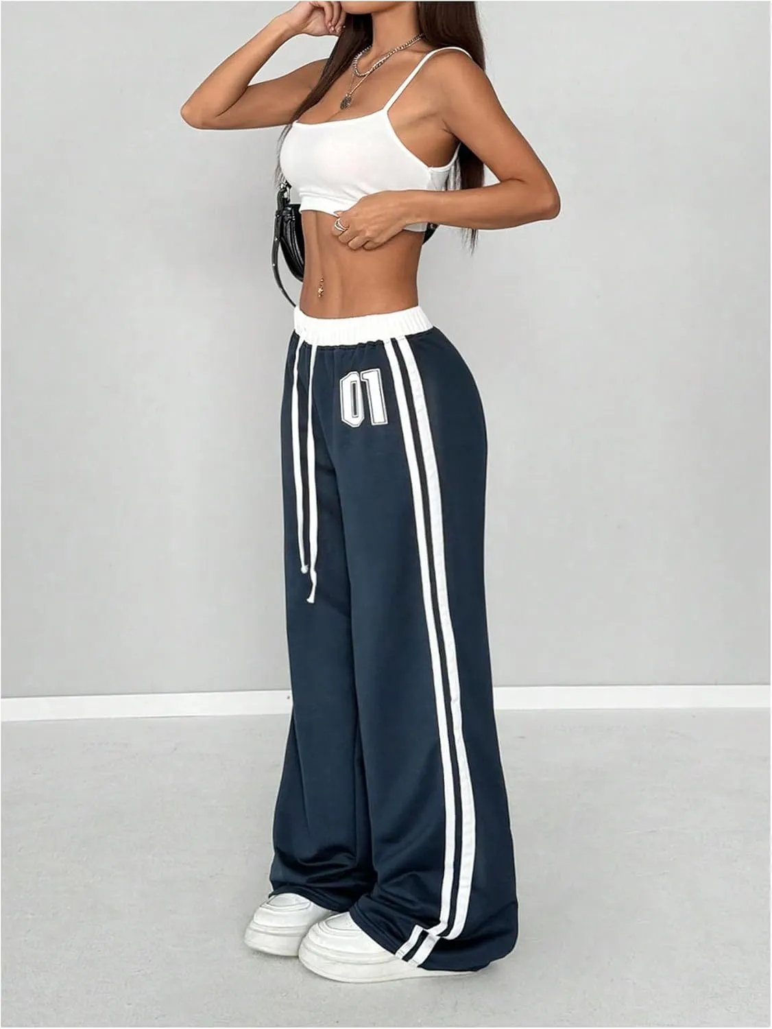 Women's Striped Side Baggy Sweatpants Drop Waist Wide Leg Drawstring Jogger Pants