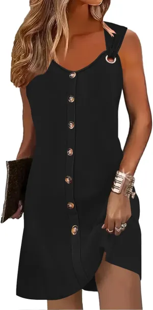 Womens Summer Dresses Scoop Neck O-Ring Shoulder Button Tank Sundress Casual Swing Short Dress