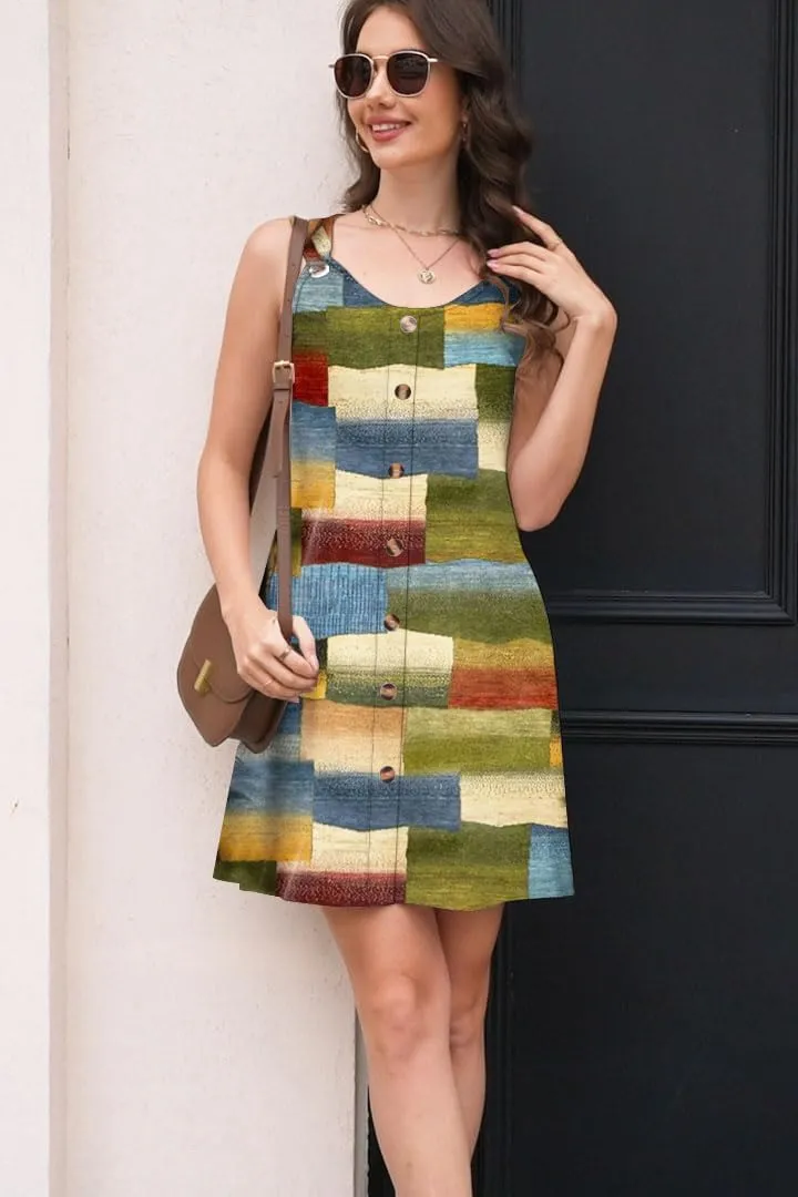 Womens Summer Dresses Scoop Neck O-Ring Shoulder Button Tank Sundress Casual Swing Short Dress