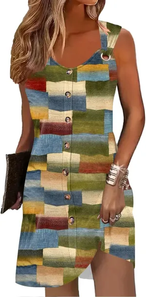 Womens Summer Dresses Scoop Neck O-Ring Shoulder Button Tank Sundress Casual Swing Short Dress