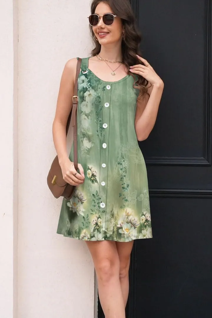 Womens Summer Dresses Scoop Neck O-Ring Shoulder Button Tank Sundress Casual Swing Short Dress