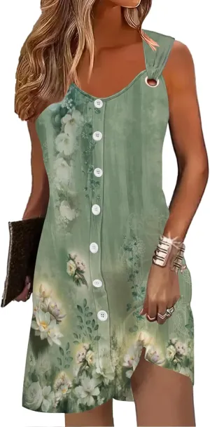 Womens Summer Dresses Scoop Neck O-Ring Shoulder Button Tank Sundress Casual Swing Short Dress