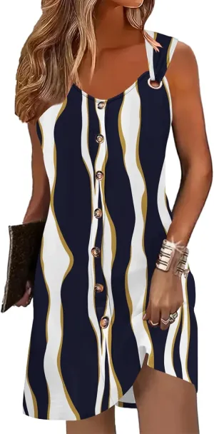 Womens Summer Dresses Scoop Neck O-Ring Shoulder Button Tank Sundress Casual Swing Short Dress