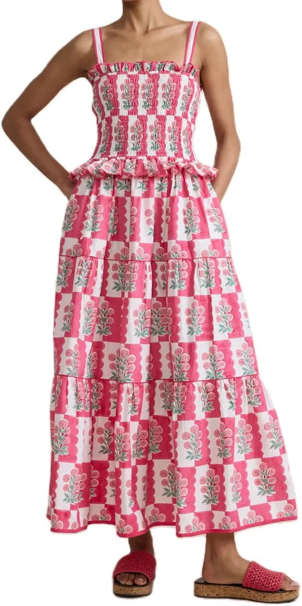 Womens Summer Maxi Dress Floral Sleeveless Smocked Maxi Dress Boho Spaghetti Strap A-Line Flowy Beach Long Sundress