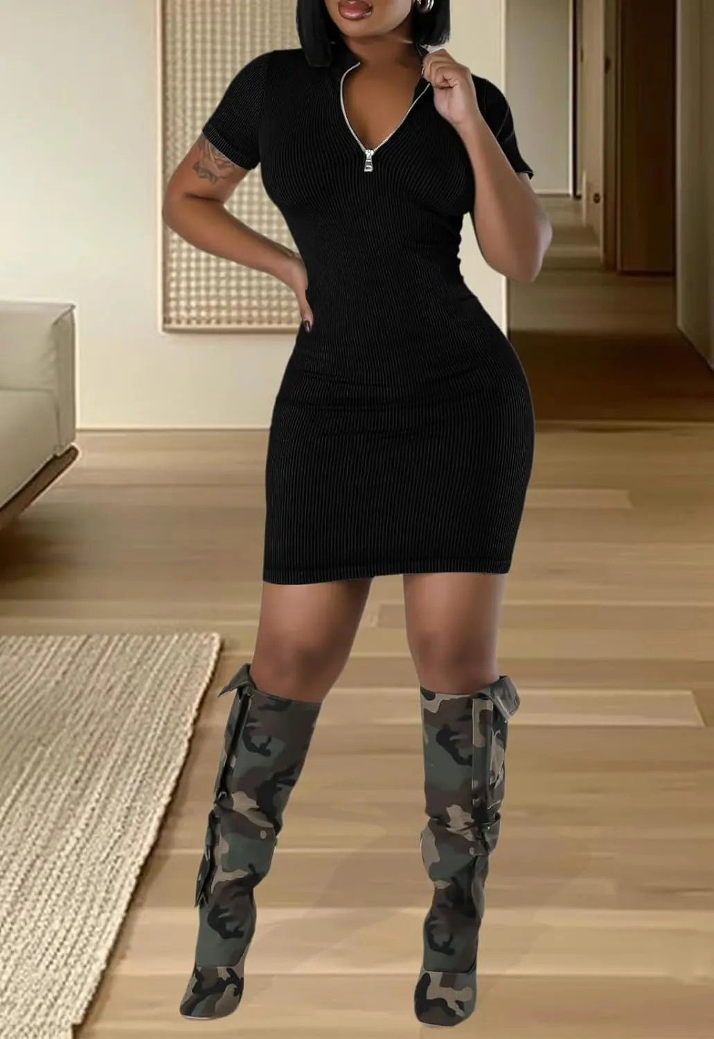 Women's Summer Ribbed Bodycon Dress Mock Neck Slim Fit Short Sleeve Mini Dresses