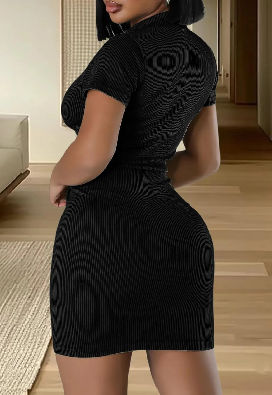Women's Summer Ribbed Bodycon Dress Mock Neck Slim Fit Short Sleeve Mini Dresses