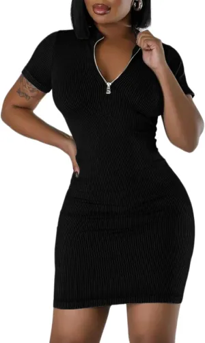 Women's Summer Ribbed Bodycon Dress Mock Neck Slim Fit Short Sleeve Mini Dresses