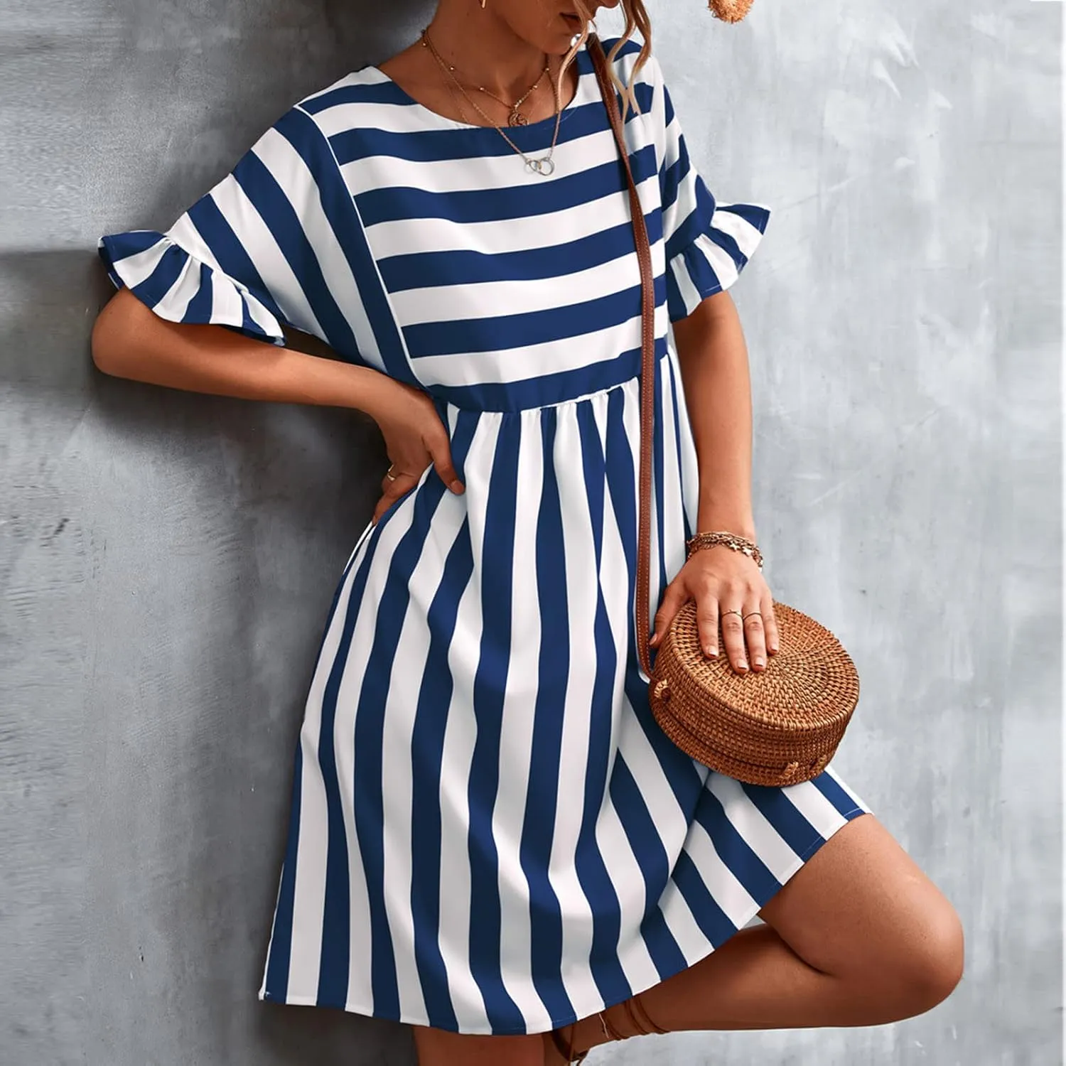 Womens Summer Tshirt Dress Trendy Striped Short Ruffle Sleeve Round Neck Work Waist Mini Dresses with Pockets