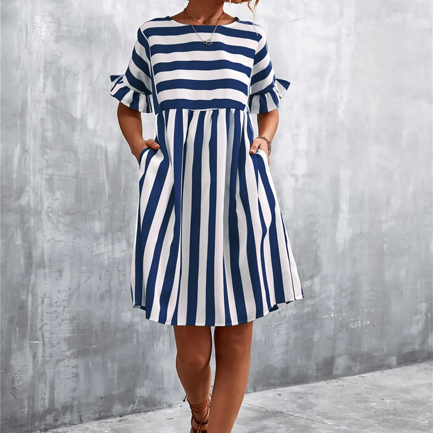 Womens Summer Tshirt Dress Trendy Striped Short Ruffle Sleeve Round Neck Work Waist Mini Dresses with Pockets