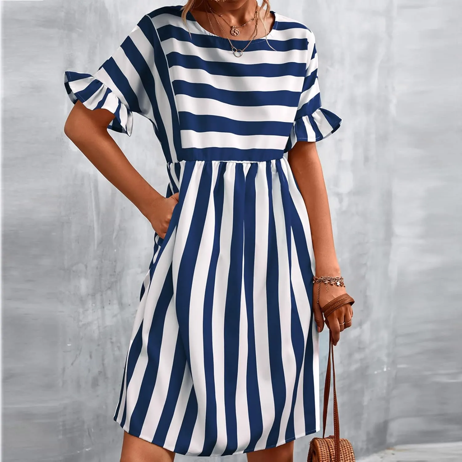 Womens Summer Tshirt Dress Trendy Striped Short Ruffle Sleeve Round Neck Work Waist Mini Dresses with Pockets