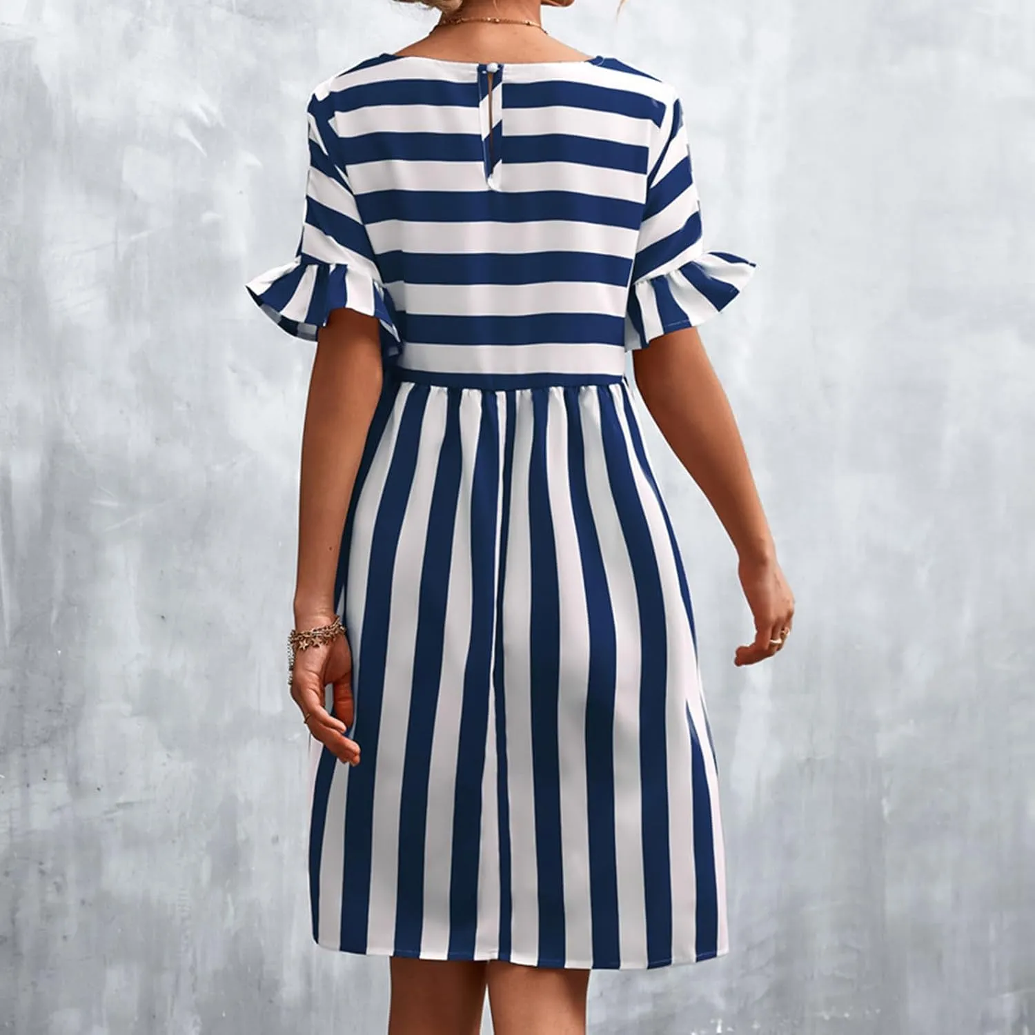 Womens Summer Tshirt Dress Trendy Striped Short Ruffle Sleeve Round Neck Work Waist Mini Dresses with Pockets