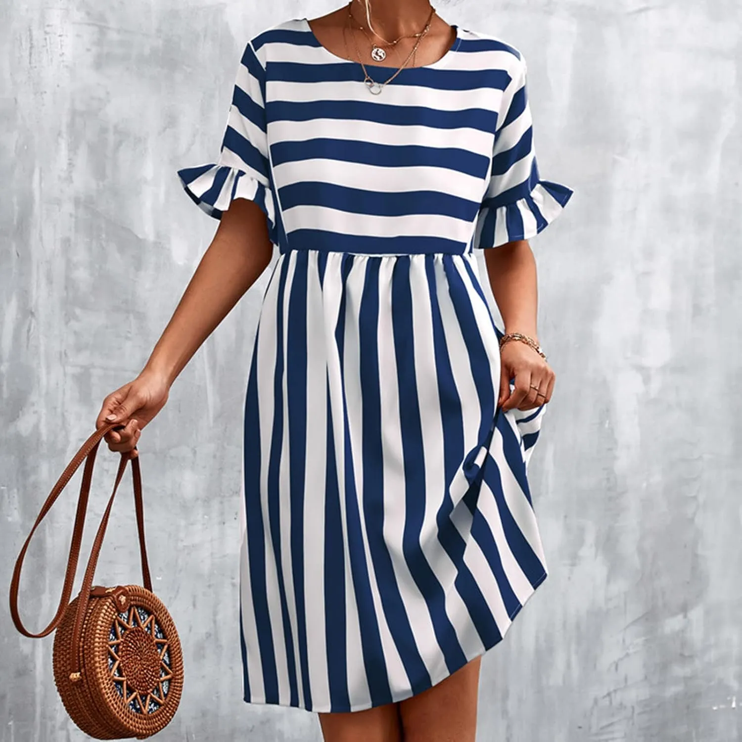Womens Summer Tshirt Dress Trendy Striped Short Ruffle Sleeve Round Neck Work Waist Mini Dresses with Pockets