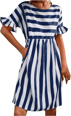 Womens Summer Tshirt Dress Trendy Striped Short Ruffle Sleeve Round Neck Work Waist Mini Dresses with Pockets