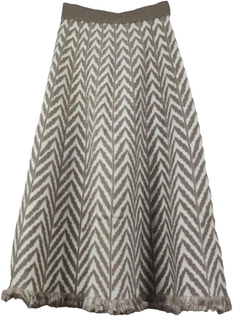 Women's Tassel Pleated Midi Knit Skirt Elastic High Waist A-Line Skirts Ribbed Knit Office Lady Work Skirts
