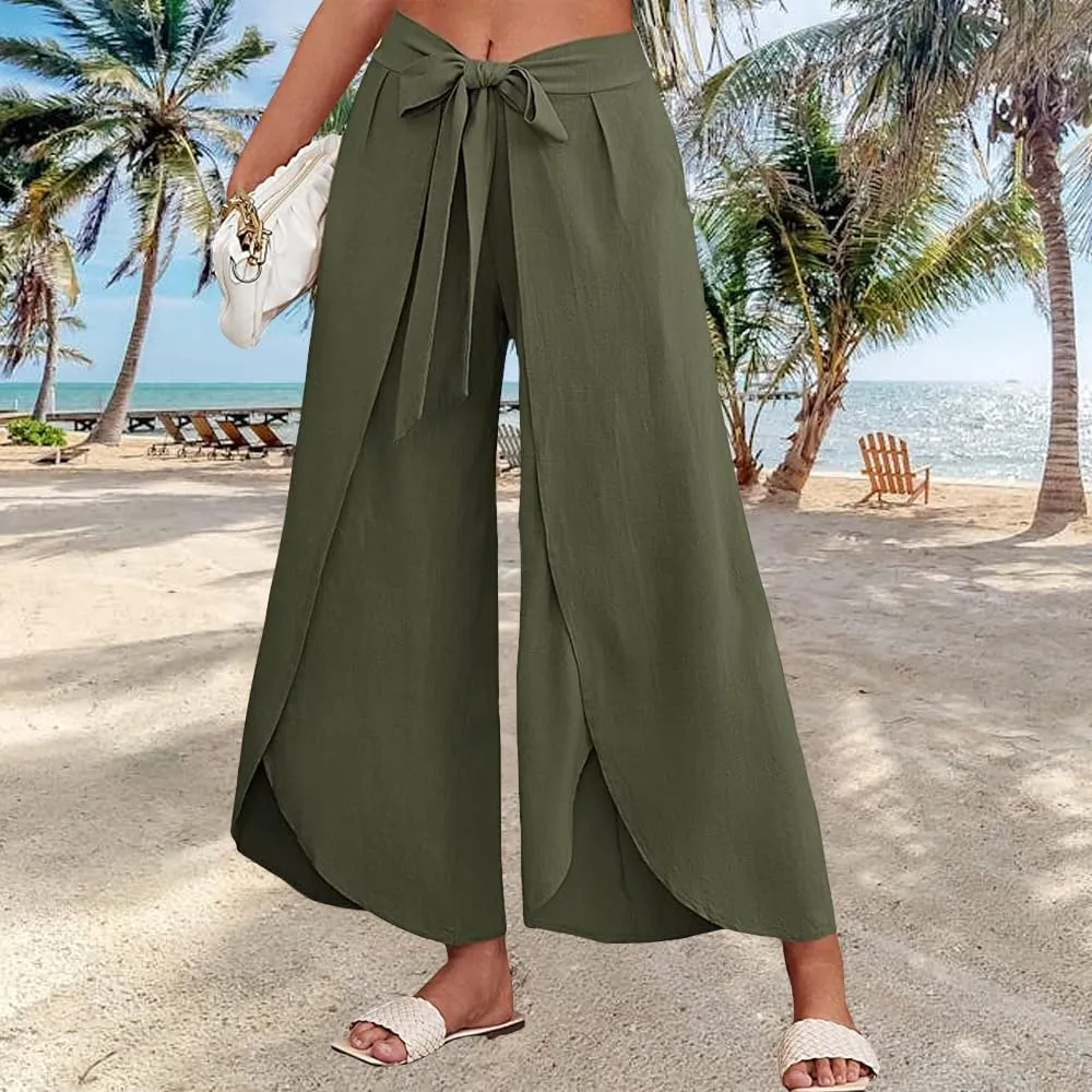 Women's Tie Belted Wide Leg Linen Capri Pants Summer High Waist Irregular Split Hem Palazzo Cropped Pants