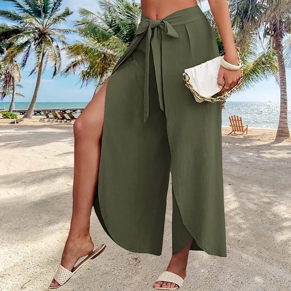 Women's Tie Belted Wide Leg Linen Capri Pants Summer High Waist Irregular Split Hem Palazzo Cropped Pants