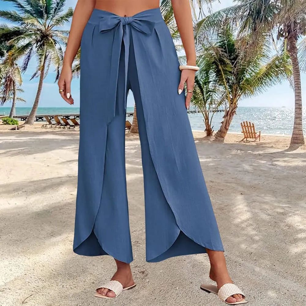 Women's Tie Belted Wide Leg Linen Capri Pants Summer High Waist Irregular Split Hem Palazzo Cropped Pants