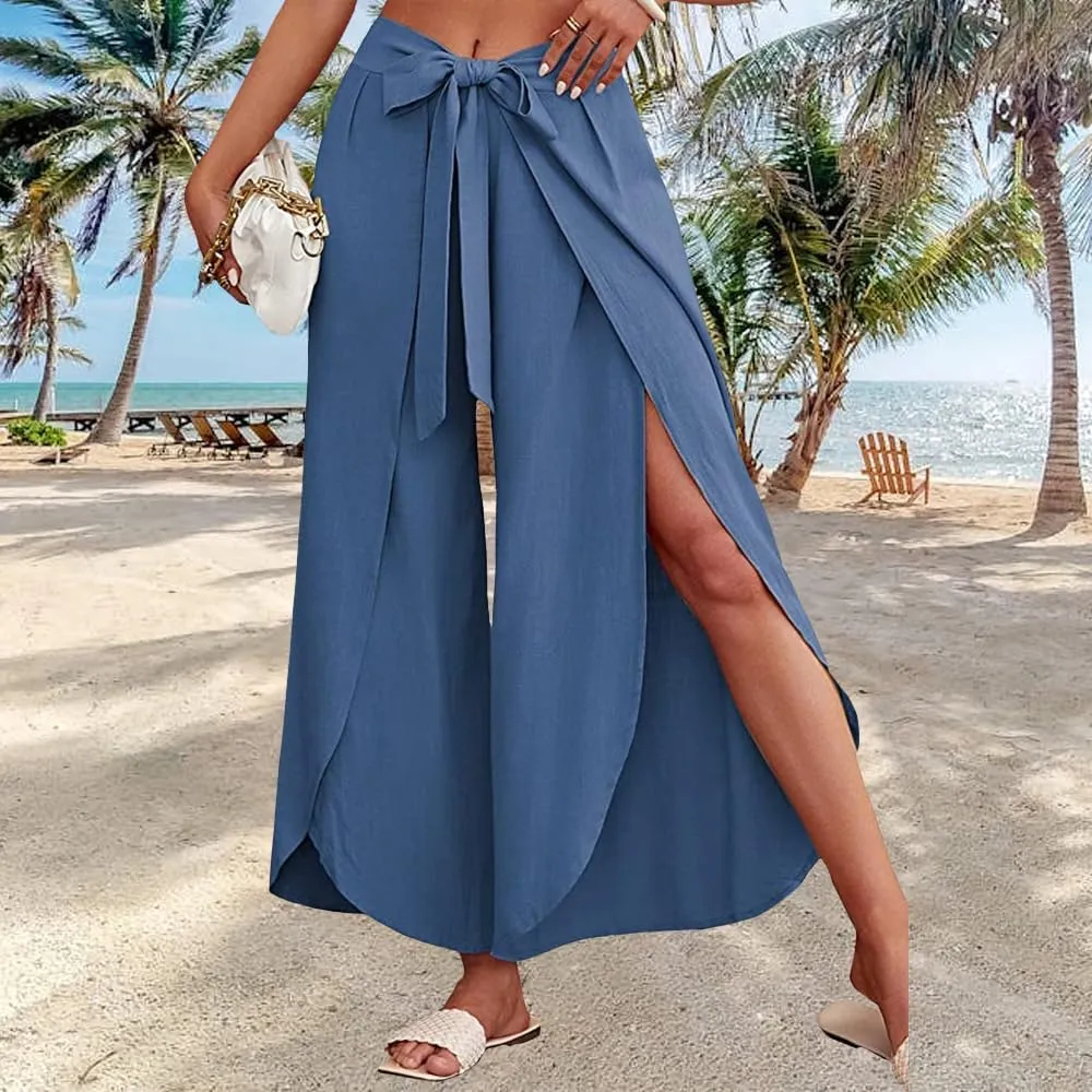 Women's Tie Belted Wide Leg Linen Capri Pants Summer High Waist Irregular Split Hem Palazzo Cropped Pants