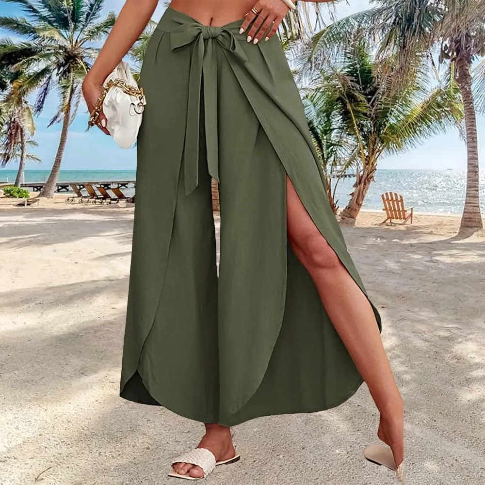 Women's Tie Belted Wide Leg Linen Capri Pants Summer High Waist Irregular Split Hem Palazzo Cropped Pants