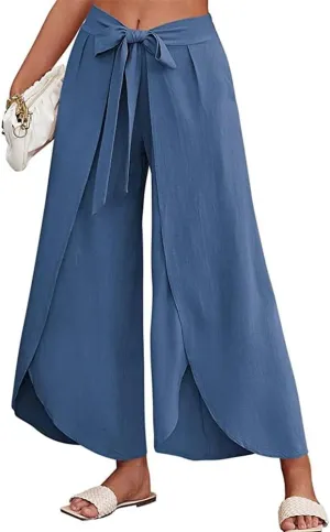 Women's Tie Belted Wide Leg Linen Capri Pants Summer High Waist Irregular Split Hem Palazzo Cropped Pants