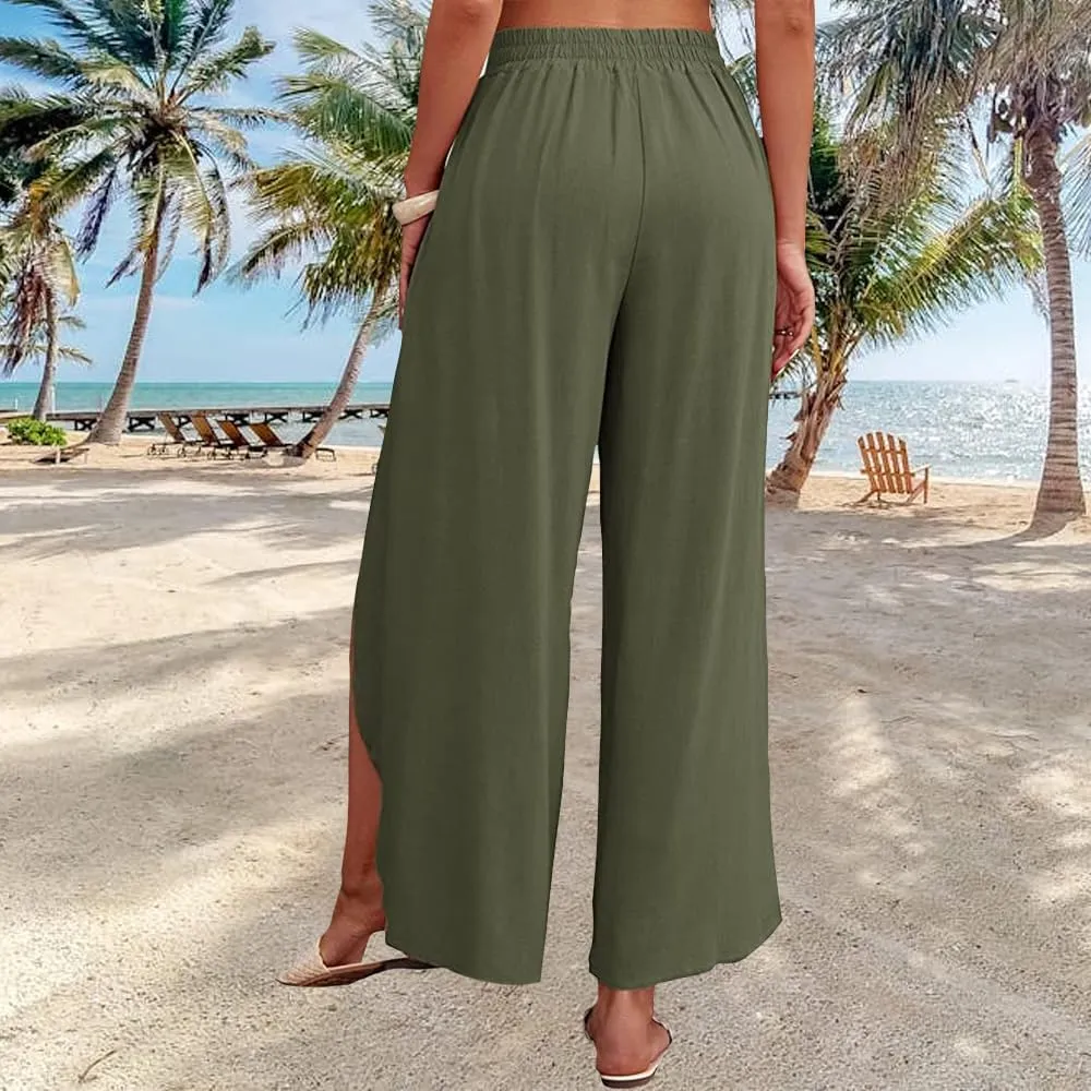 Women's Tie Belted Wide Leg Linen Capri Pants Summer High Waist Irregular Split Hem Palazzo Cropped Pants