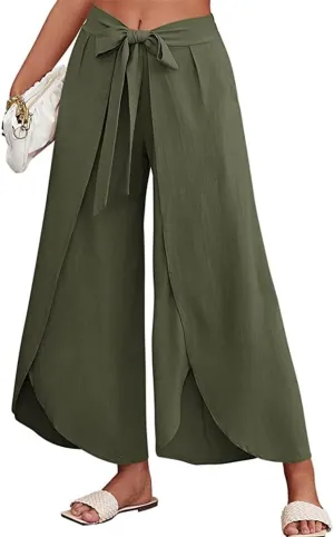 Women's Tie Belted Wide Leg Linen Capri Pants Summer High Waist Irregular Split Hem Palazzo Cropped Pants
