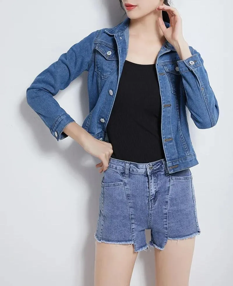 Women's Turn-Down Collar Denim Jacket Loss Slim Fit Spring autumn Jeans Jacket