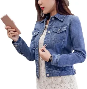 Women's Turn-Down Collar Denim Jacket Loss Slim Fit Spring autumn Jeans Jacket