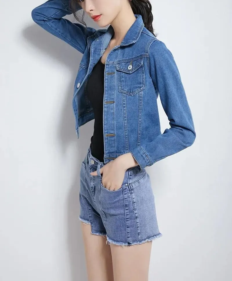 Women's Turn-Down Collar Denim Jacket Loss Slim Fit Spring autumn Jeans Jacket