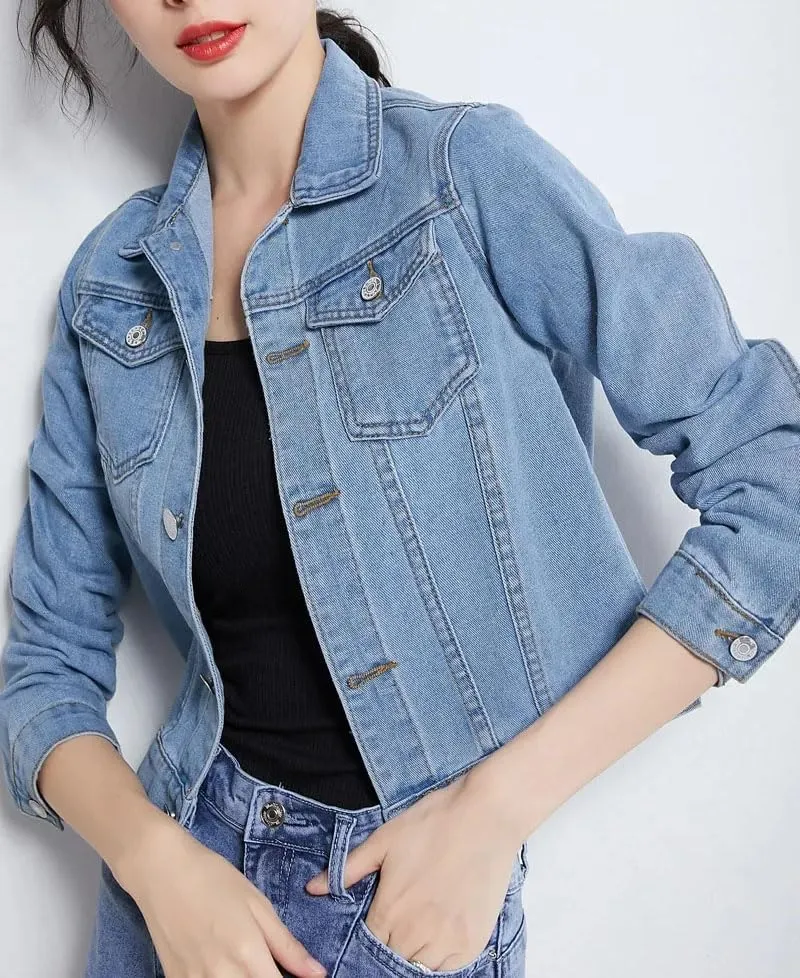 Women's Turn-Down Collar Denim Jacket Loss Slim Fit Spring autumn Jeans Jacket
