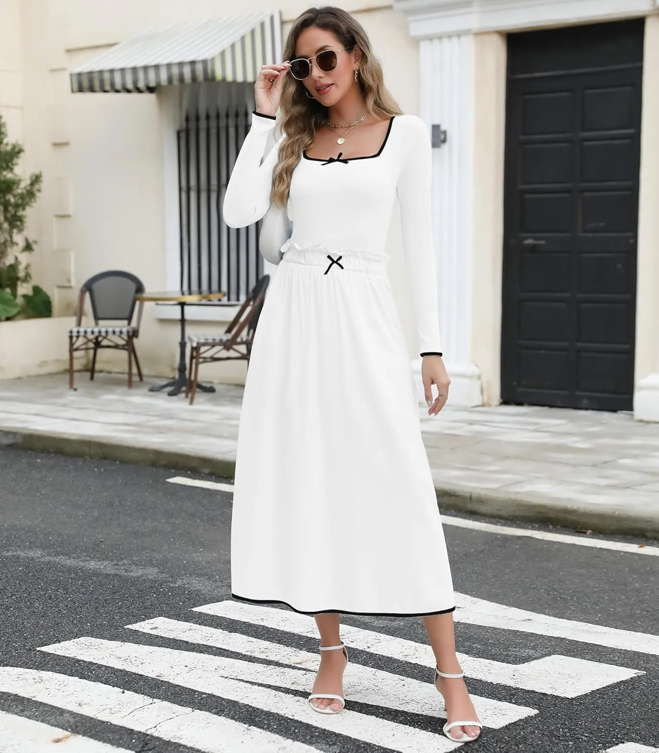 Womens Two Piece Skirt Set 2024 Trendy Fall Outfits Sets Ribbed Knit Long Sleeve Slim Top Midi Skirts with Pockets
