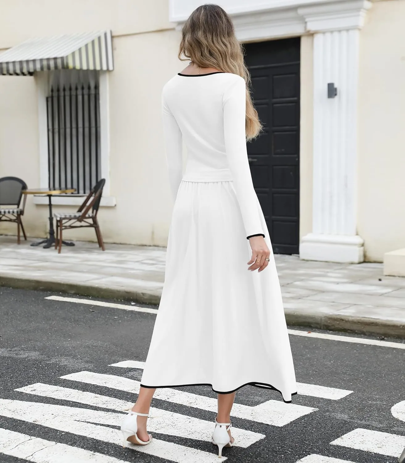 Womens Two Piece Skirt Set 2024 Trendy Fall Outfits Sets Ribbed Knit Long Sleeve Slim Top Midi Skirts with Pockets